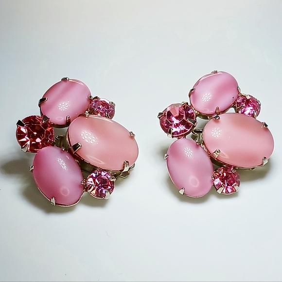 Vintage Set Unsigned Pink Givre Milk Glass Necklace Earrings Bracelet - Picture 7 of 14